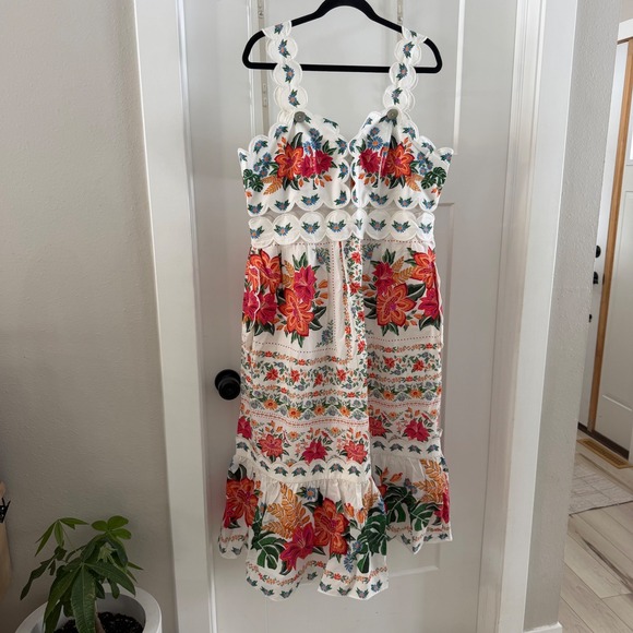FARM Rio Dresses & Skirts - NWT Farm Rio Bloom Garden Midi Dress Off White Floral Embroidered Scallop  XL